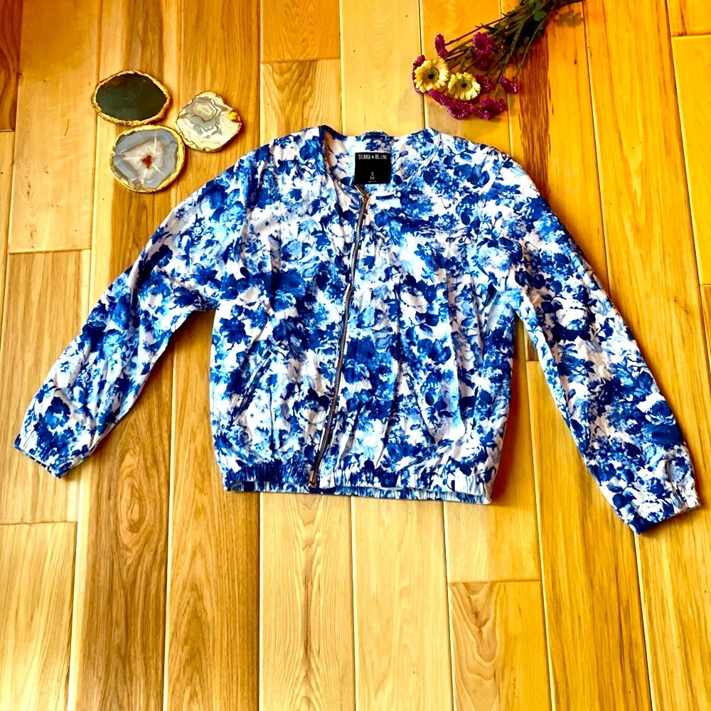 NWOT-Sienna&Bellini Blue/White Floral BomberJacket - Picture 2 of 8